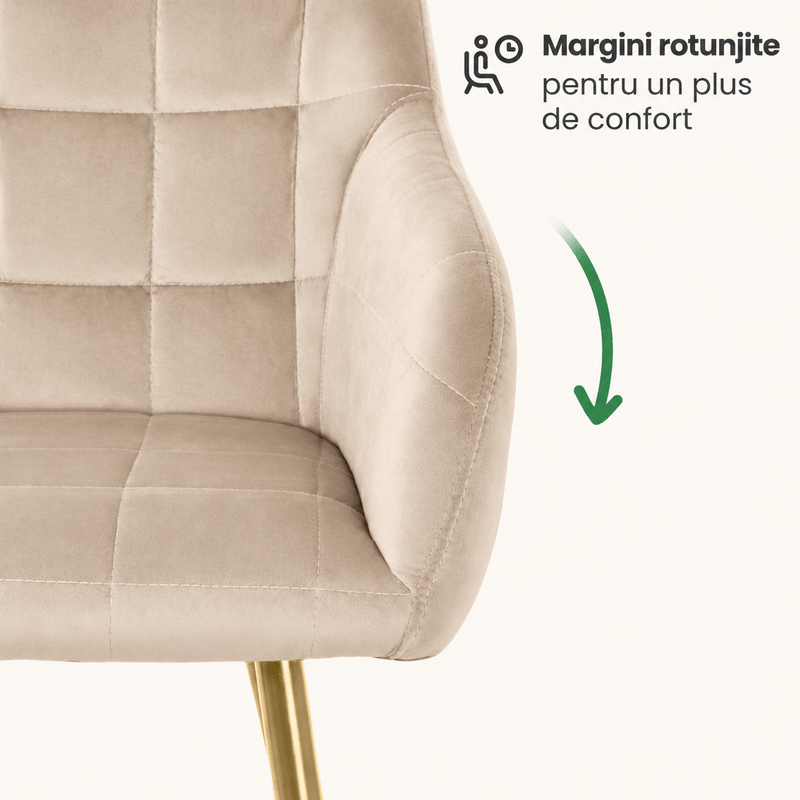 Casa si Gradina - Mobilier - Scaune si fotolii - Scaune - Set 2 scaune dining tapitate cu velur Luxano, cusaturi patrate, picioare aurii, 54x58x82 cm, bej - Infinity.ro