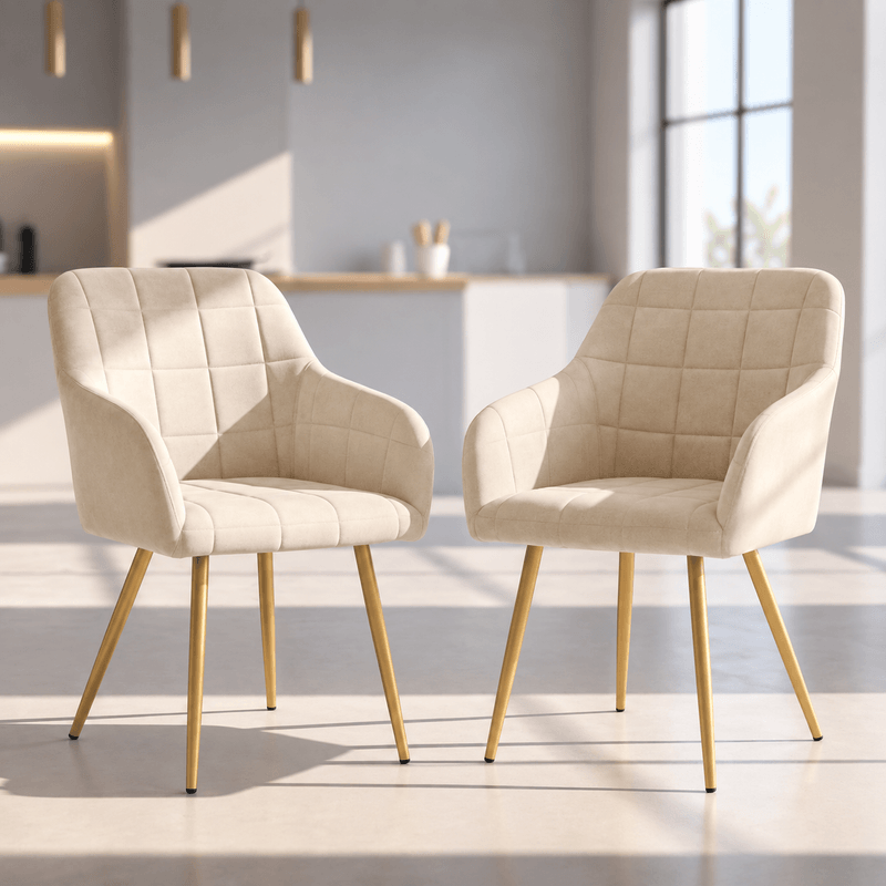 Casa si Gradina - Mobilier - Scaune si fotolii - Scaune - Set 2 scaune dining tapitate cu velur Luxano, cusaturi patrate, picioare aurii, 54x58x82 cm, bej - Infinity.ro