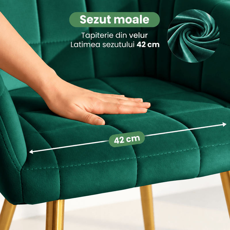 Casa si Gradina - Mobilier - Scaune si fotolii - Scaune - Set 2 scaune dining tapitate cu velur Luxano, cusaturi patrate, picioare aurii, 54x58x82 cm, verde - Infinity.ro