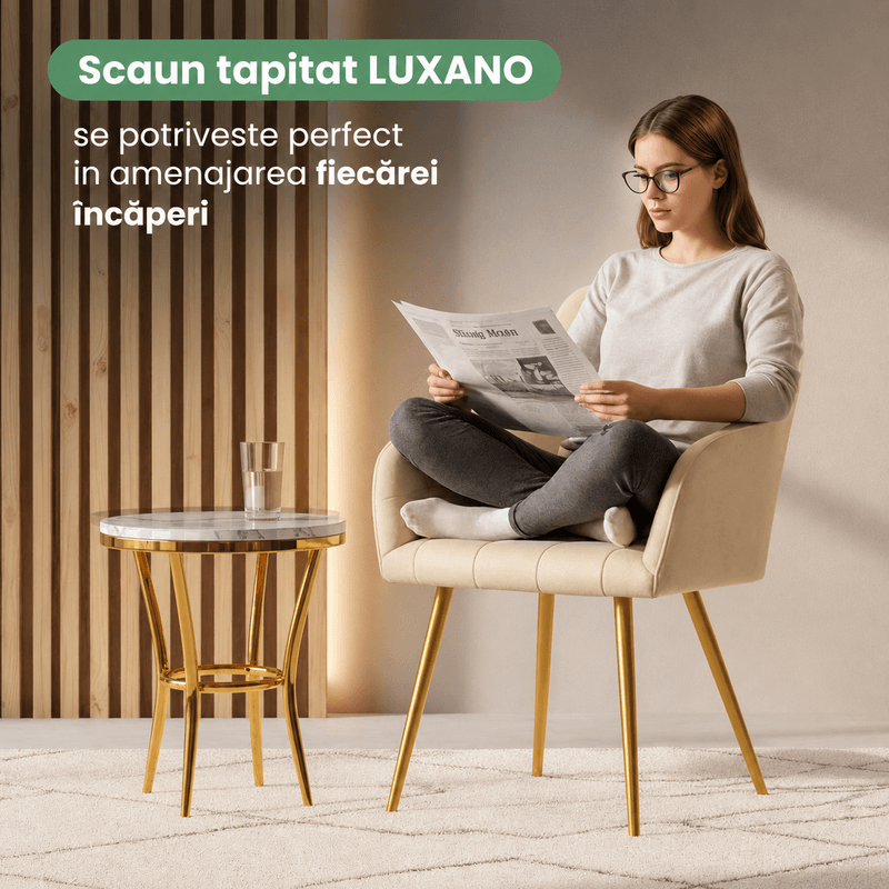 Casa si Gradina - Mobilier - Scaune si fotolii - Scaune - Set 2 scaune dining tapitate cu velur Luxano, cusaturi patrate, picioare aurii, 54x58x82 cm, bej - Infinity.ro