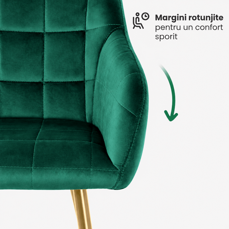 Casa si Gradina - Mobilier - Scaune si fotolii - Scaune - Set 2 scaune dining tapitate cu velur Luxano, cusaturi patrate, picioare aurii, 54x58x82 cm, verde - Infinity.ro