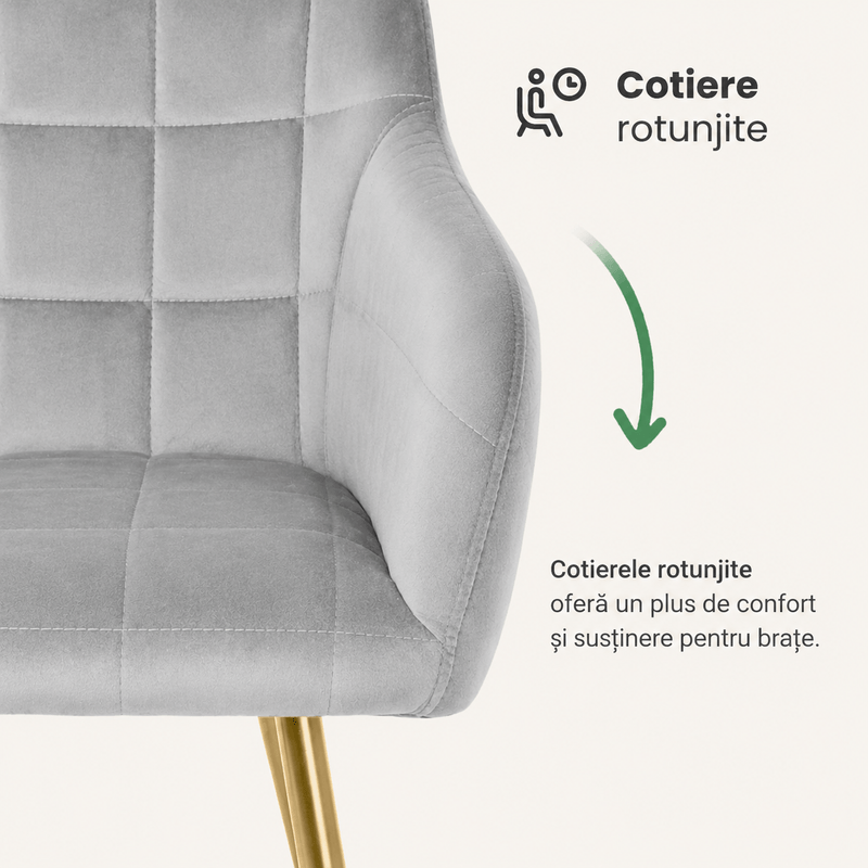 Casa si Gradina - Mobilier - Scaune si fotolii - Scaune - Set 2 scaune dining tapitate cu velur Luxano, cusaturi patrate, picioare aurii, 54x58x82 cm, gri - Infinity.ro