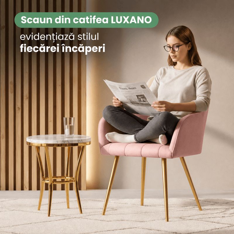 Casa si Gradina - Mobilier - Scaune si fotolii - Scaune - Set 2 scaune dining tapitate cu velur Luxano, cusaturi patrate, picioare aurii, 54x58x82 cm, roz - Infinity.ro