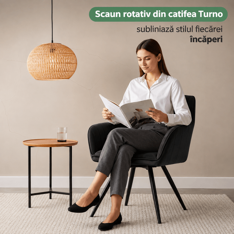 Casa si Gradina - Mobilier - Scaune si fotolii - Scaune - Set 2 scaune dining rotative tapitate din catifea Turno, 55x58x83 cm, maxim 120 kg, negru - Infinity.ro