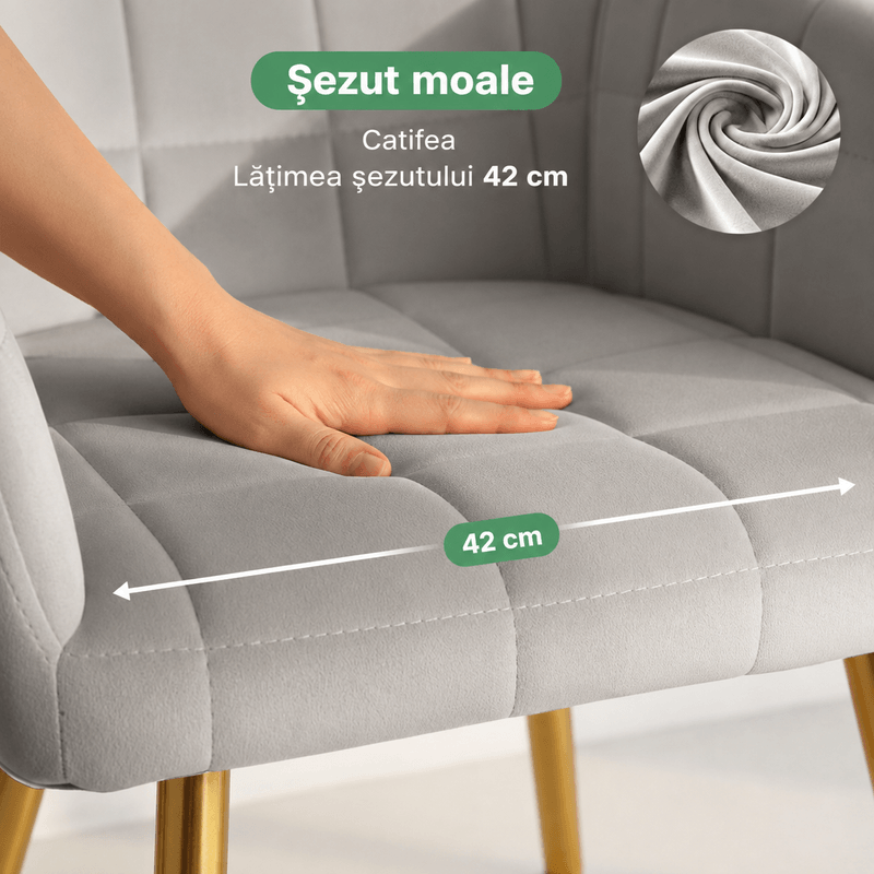 Casa si Gradina - Mobilier - Scaune si fotolii - Scaune - Set 2 scaune dining tapitate cu velur Luxano, cusaturi patrate, picioare aurii, 54x58x82 cm, gri - Infinity.ro