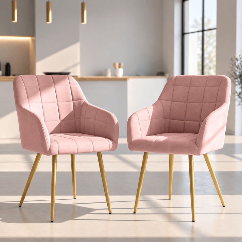 Casa si Gradina - Mobilier - Scaune si fotolii - Scaune - Set 2 scaune dining tapitate cu velur Luxano, cusaturi patrate, picioare aurii, 54x58x82 cm, roz - Infinity.ro
