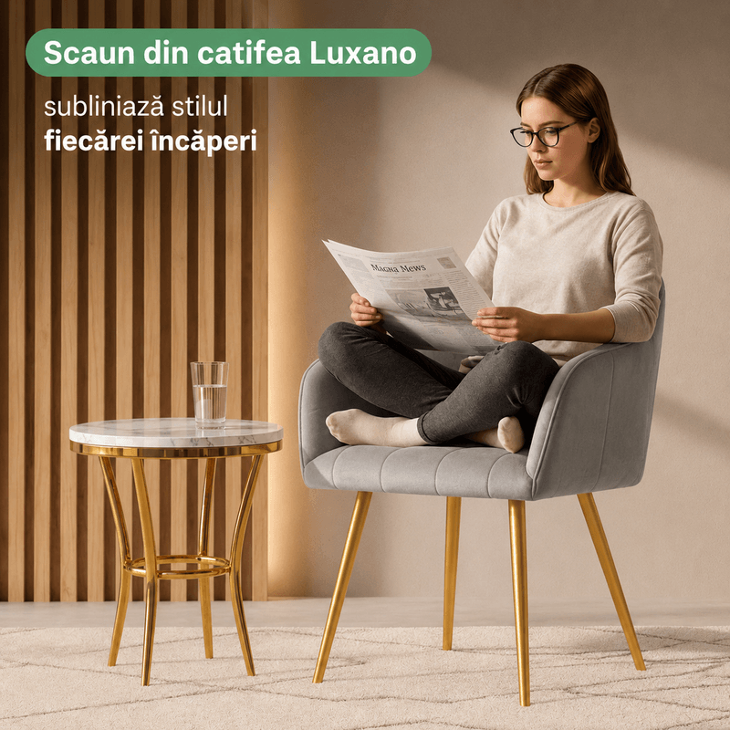 Casa si Gradina - Mobilier - Scaune si fotolii - Scaune - Set 2 scaune dining tapitate cu velur Luxano, cusaturi patrate, picioare aurii, 54x58x82 cm, gri - Infinity.ro