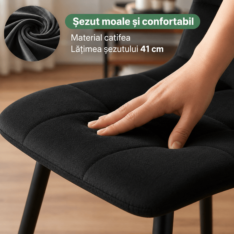 Casa si Gradina - Mobilier - Scaune si fotolii - Scaune - Set 4 scaune dining tapitate Nero din catifea, sezut matlasat, picioare metalice, 46x44x87 cm, maxim 130 kg, negru - Infinity.ro