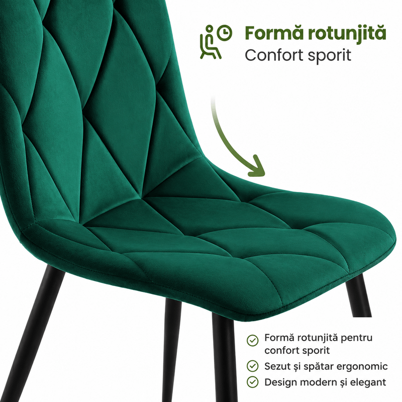 Casa si Gradina - Mobilier - Scaune si fotolii - Scaune - Set 4 scaune tapitate din catifea Milo, sezut matlasat, picioare metalice, 46x44x87 cm, maxim 130 kg, verde - Infinity.ro