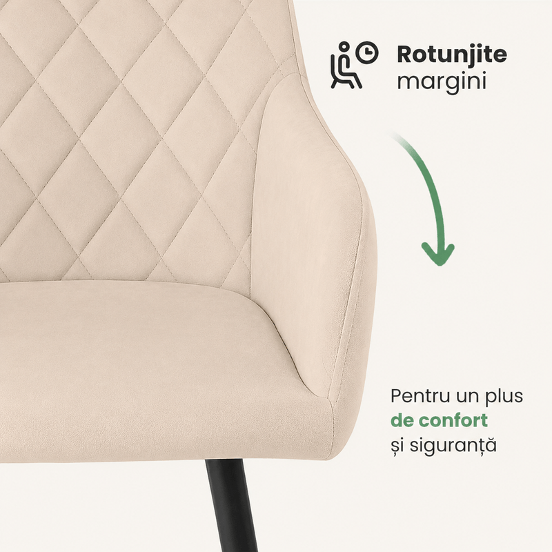 Casa si Gradina - Mobilier - Scaune si fotolii - Scaune - Set 2 scaune dining tapitate Velto, catifea, matlasate cu romburi, 52x58x82 cm, maxim 120 kg, bej - Infinity.ro