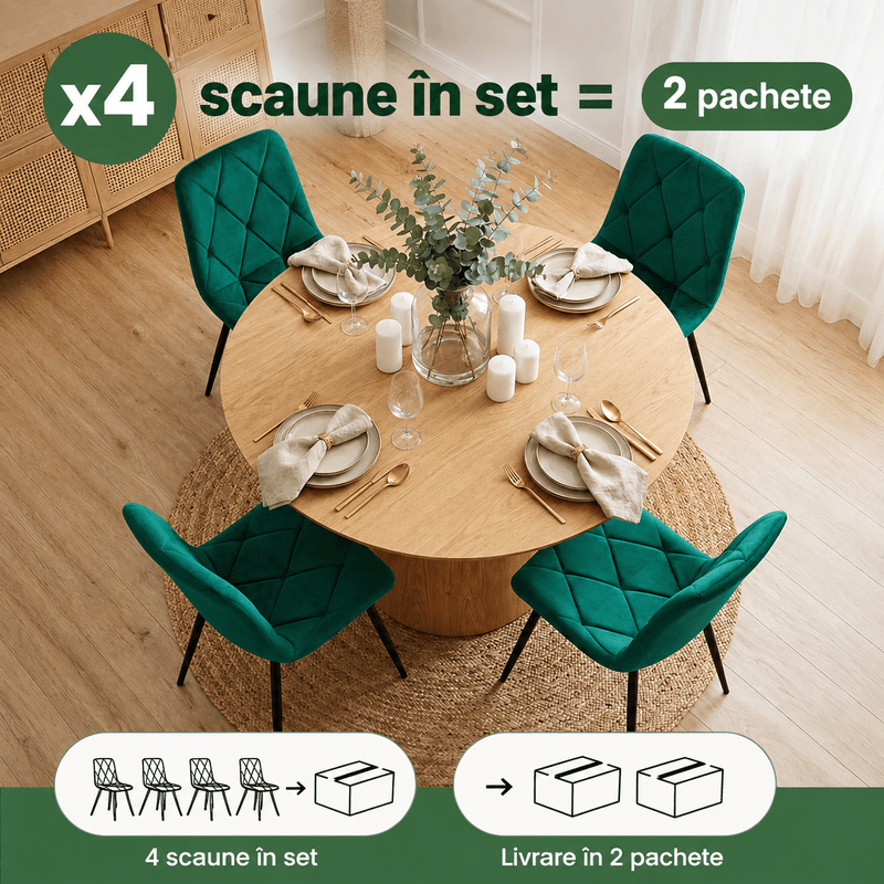 Casa si Gradina - Mobilier - Scaune si fotolii - Scaune - Set 4 scaune tapitate din catifea Milo, sezut matlasat, picioare metalice, 46x44x87 cm, maxim 130 kg, verde - Infinity.ro