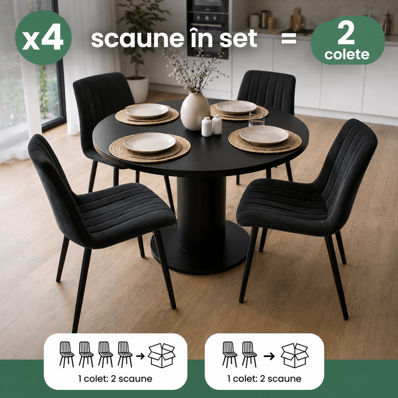 Casa si Gradina - Mobilier - Scaune si fotolii - Scaune - Set 4 scaune dining tapitate din catifea, capitonate Livo, 46x44x87 cm, maxim 130 kg, negru - Infinity.ro