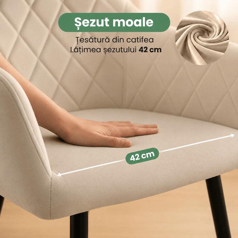 Casa si Gradina - Mobilier - Scaune si fotolii - Scaune - Set 2 scaune dining tapitate Velto, catifea, matlasate cu romburi, 52x58x82 cm, maxim 120 kg, bej - Infinity.ro
