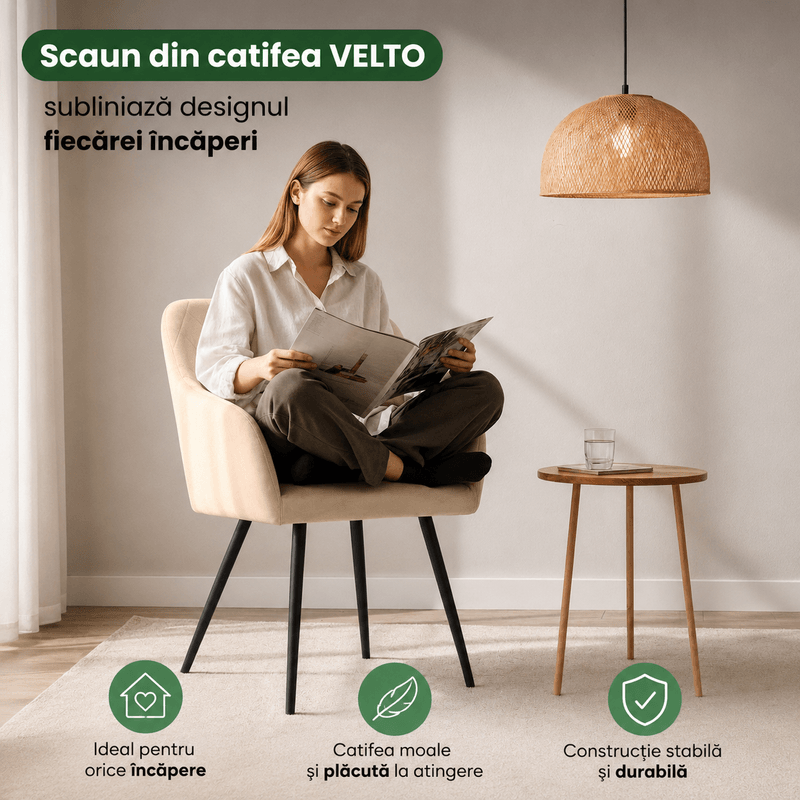 Casa si Gradina - Mobilier - Scaune si fotolii - Scaune - Set 2 scaune dining tapitate Velto, catifea, matlasate cu romburi, 52x58x82 cm, maxim 120 kg, bej - Infinity.ro