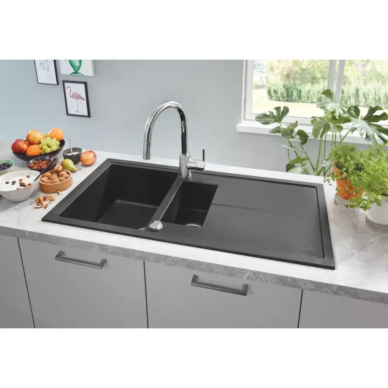 Casa si Gradina - Sanitare - Chiuveta bucatarie si accesorii - Chiuvete bucatarie - Chiuveta Quartz composite Grohe K400 31642AP0, 1000 x 500 mm, 2 boluri, montare pe blat, evacuare, negru - Infinity.ro