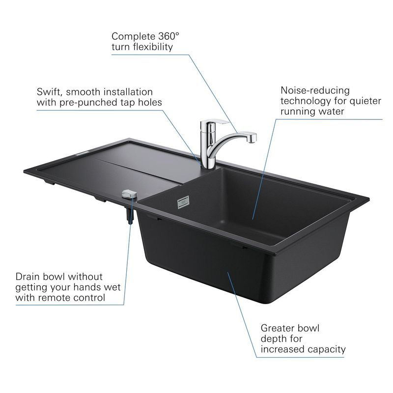Casa si Gradina - Sanitare - Chiuveta bucatarie si accesorii - Chiuvete bucatarie - Pachet chiuveta bucatarie Grohe 31884AP0, Via, quartz, pe blat, 1000 x 500 mm, baterie Grohe, negru/crom - Infinity.ro