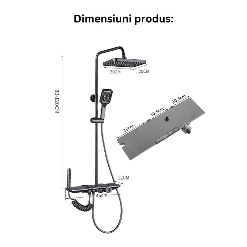 Casa si Gradina - Sanitare - Cazi si cabine de dus - Coloane si seturi de dus - Set de dus TrendiShop , termostatat, montare pe perete, cu cap de dus reglabil 80-115 cm, afisaj LED cu temperatura,gri - Infinity.ro