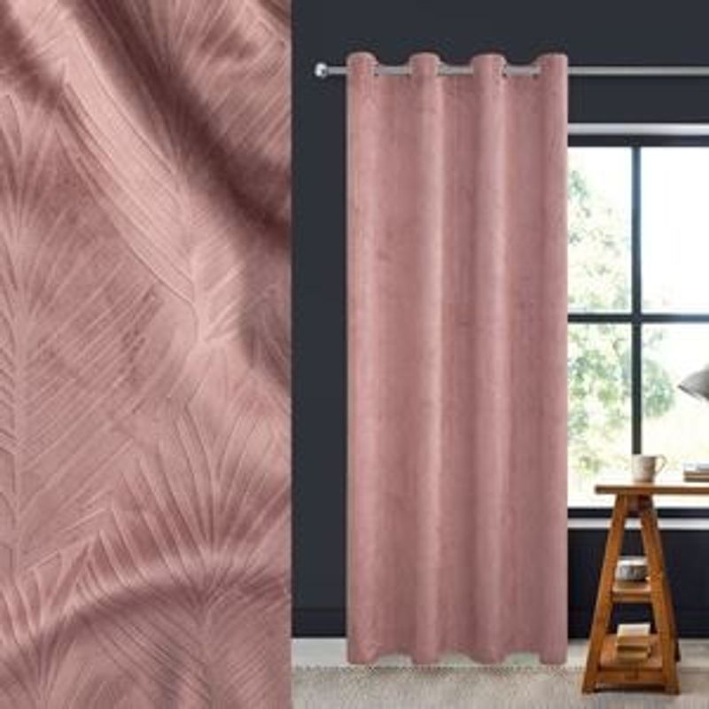 Casa si Gradina - Textile si covoare - Perdele si draperii - Perdele - Perdea decorativa Velvet, Roz Nude, Model Reliefat Frunze Tropicale, cu Inele, 140x260cm - Infinity.ro