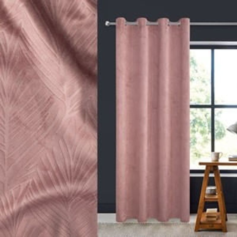 Casa si Gradina - Textile si covoare - Perdele si draperii - Perdele - Perdea decorativa Velvet, Roz Nude, Model Reliefat Frunze Tropicale, cu Inele, 140x260cm - Infinity.ro