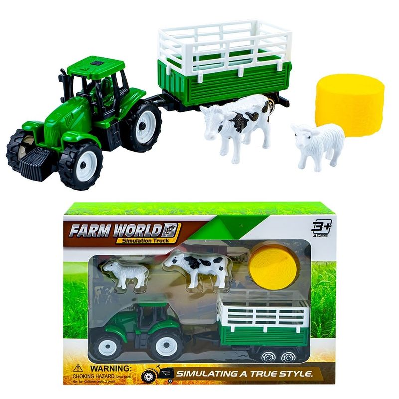 Jucarii, Copii si Bebe - Jucarii si jocuri - Vehicule si jucarii cu telecomanda - Utilaje constructie de jucarie - Set de Joaca Ferma cu Tractor, Remorca/Cisterna, Figurine Vaca, Oaie si Balot de Fan, 5 Piese, 3 ani+ - Infinity.ro