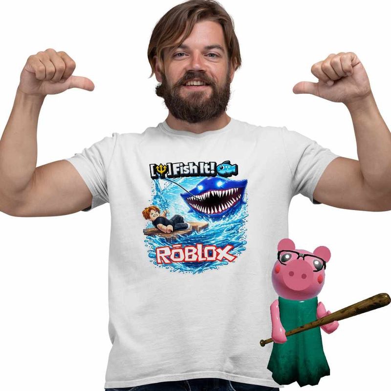 Fashion, accesorii si bijuterii - Barbati - Imbracaminte - Tricouri si bluze barbati - Tricou Barbati Roblox Fish it Pescar Huggy Wuggy, alb, marime 3XL - Infinity.ro