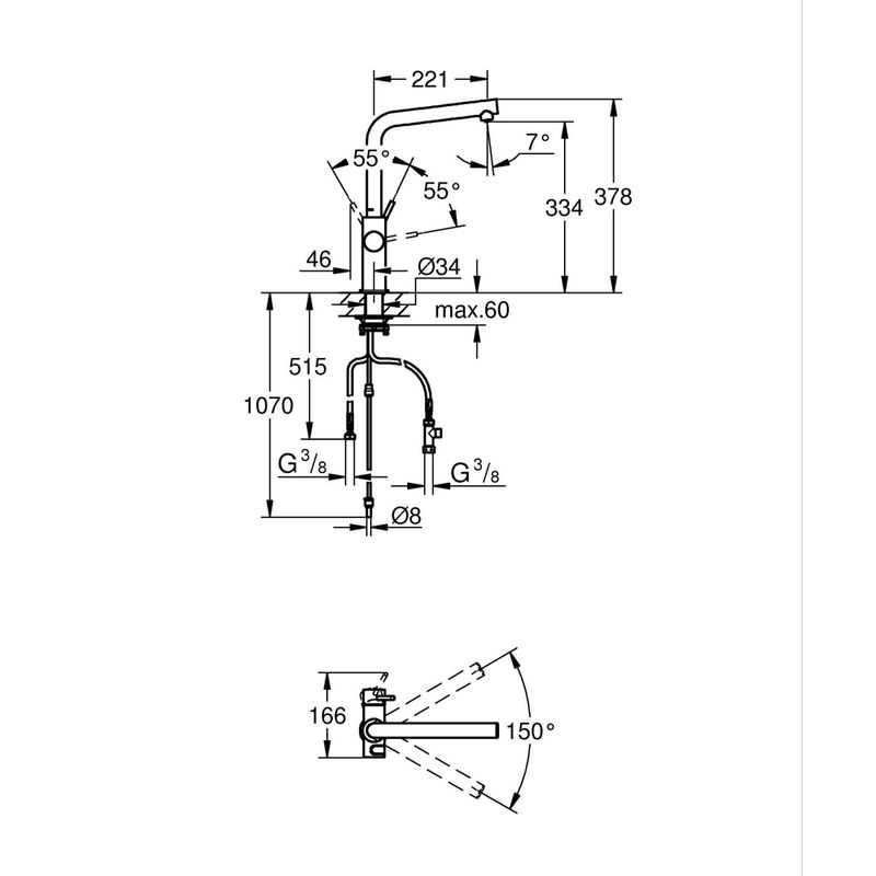 Casa si Gradina - Sanitare - Chiuveta bucatarie si accesorii - Baterii bucatarie - Baterie bucatarie Grohe 1010680001, 0.6 bar, 378 mm, 221 mm, 1 orificii instalare, 3 sprayuri, 150 unghi pivotare, Crom - Infinity.ro