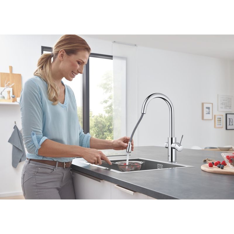 Casa si Gradina - Sanitare - Chiuveta bucatarie si accesorii - Baterii bucatarie - Baterie bucatarie Grohe 1010730001, 0.6 bar, 419 mm, 219 mm, 1 orificii instalare, 3 sprayuri, 150 unghi pivotare, Crom - Infinity.ro