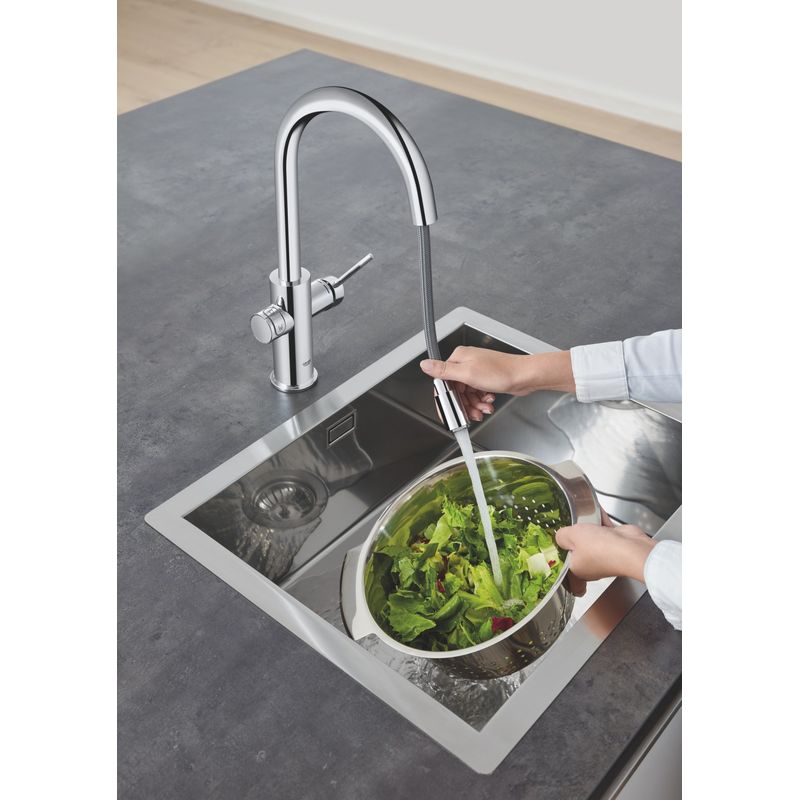 Casa si Gradina - Sanitare - Chiuveta bucatarie si accesorii - Baterii bucatarie - Baterie bucatarie Grohe 1010730001, 0.6 bar, 419 mm, 219 mm, 1 orificii instalare, 3 sprayuri, 150 unghi pivotare, Crom - Infinity.ro