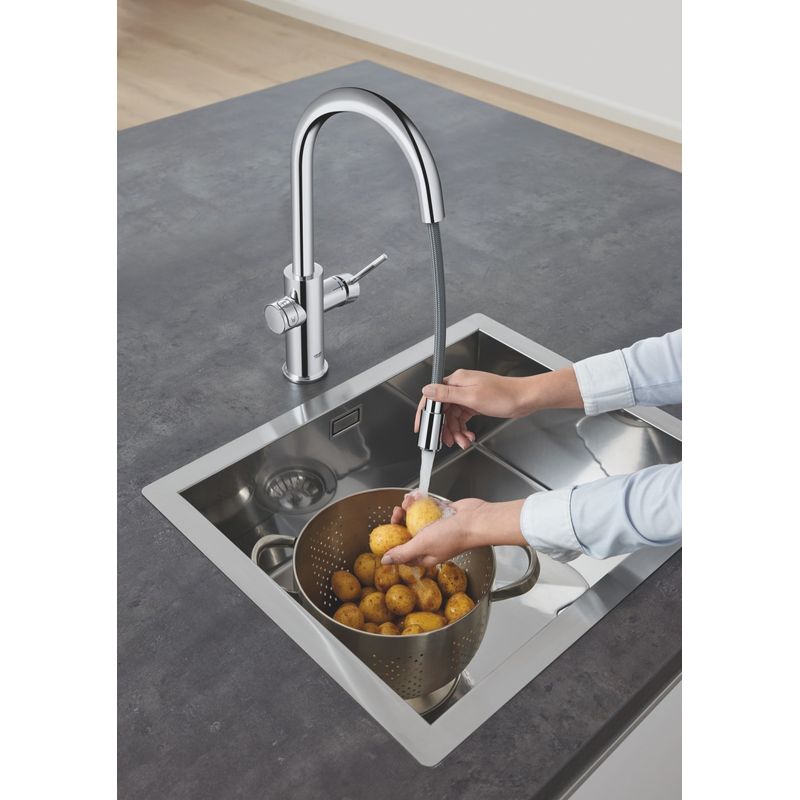 Casa si Gradina - Sanitare - Chiuveta bucatarie si accesorii - Baterii bucatarie - Baterie bucatarie Grohe 1010730001, 0.6 bar, 419 mm, 219 mm, 1 orificii instalare, 3 sprayuri, 150 unghi pivotare, Crom - Infinity.ro