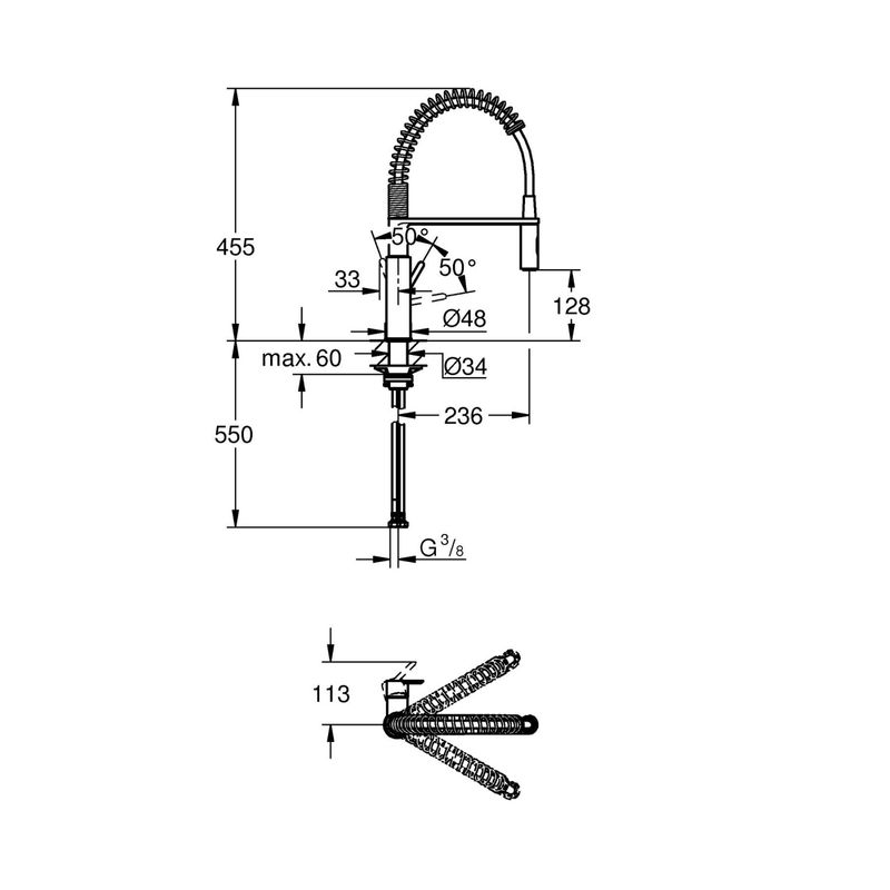 Casa si Gradina - Sanitare - Chiuveta bucatarie si accesorii - Baterii bucatarie - Baterie bucatarie Grohe 30614000, 1 bar, 455 mm, 236 mm, 1 orificii instalare, 2 sprayuri, 360 unghi pivotare, Crom - Infinity.ro