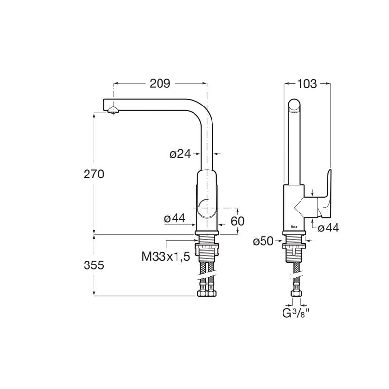Casa si Gradina - Sanitare - Chiuveta bucatarie si accesorii - Baterii bucatarie - Baterie bucatarie Roca A5A836EC00, 0.8 bar, 270 mm, 209 mm, 1 orificii instalare, 1 sprayuri, 180 unghi pivotare, Crom - Infinity.ro