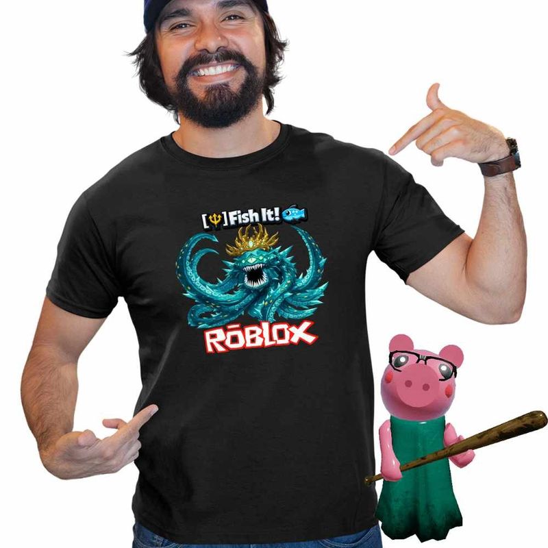 Fashion, accesorii si bijuterii - Barbati - Imbracaminte - Tricouri si bluze barbati - Tricou Barbati Roblox Fish it Laviathan Sea Monster Pescar, negru, marime M - Infinity.ro
