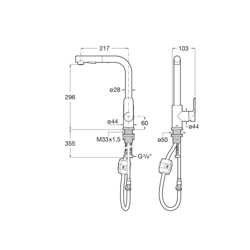 Casa si Gradina - Sanitare - Chiuveta bucatarie si accesorii - Baterii bucatarie - Baterie bucatarie Roca A5A856ENB0, 0.8 bar, 296 mm, 217 mm, 1 orificii instalare, 2 sprayuri, 150 unghi pivotare, Negru - Infinity.ro