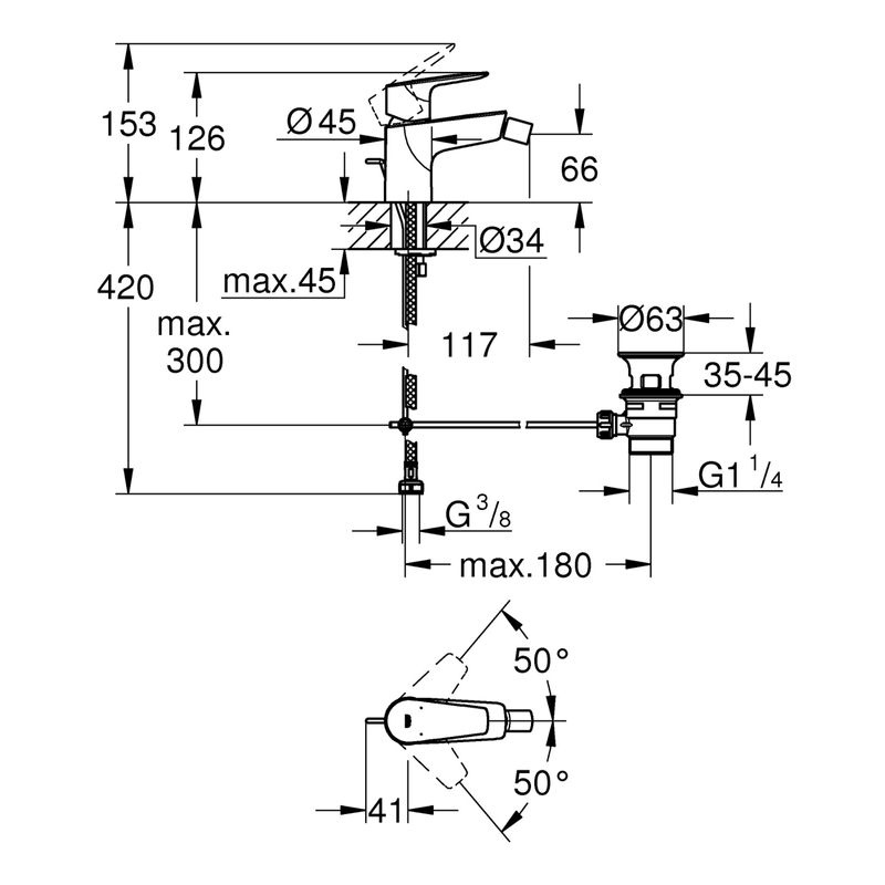 Casa si Gradina - Sanitare - Lavoar baie si accesorii - Baterii sanitare - Baterie bideu Grohe 23345001, 32 mm, 1 bar, 34 mm, 126 mm, 117 mm, 420 mm, 1 orificii instalare, Crom - Infinity.ro