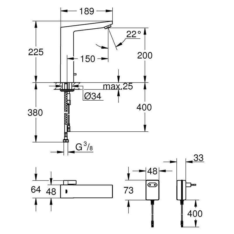Casa si Gradina - Sanitare - Lavoar baie si accesorii - Baterii sanitare - Baterie lavoar cu senzor Grohe 36440000, 1 bar, 225 mm, 189 mm, 380 mm, 7 programe, 1 orificii instalare, Crom - Infinity.ro