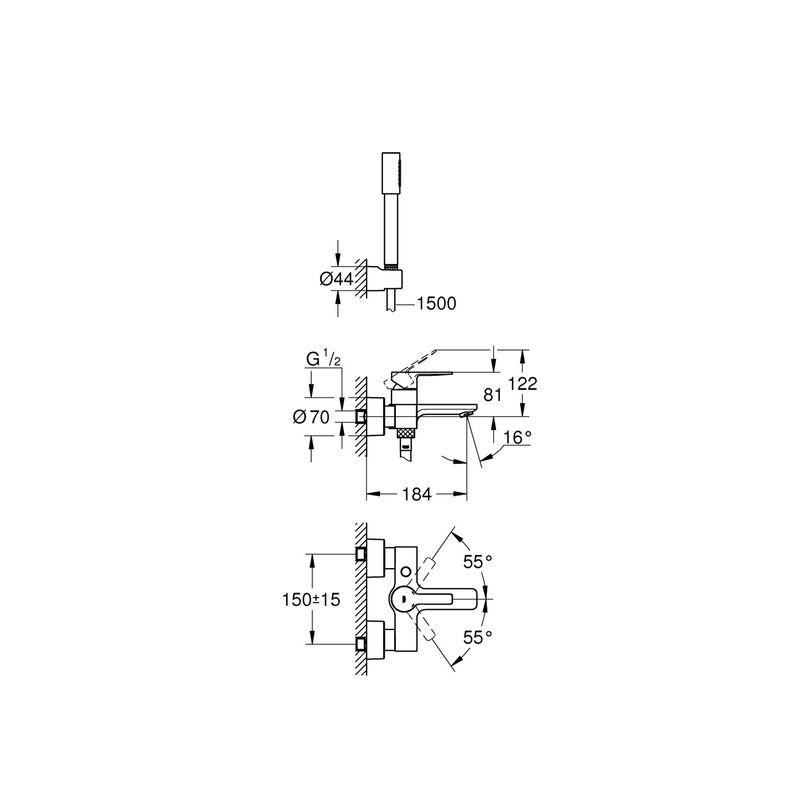 Casa si Gradina - Sanitare - Lavoar baie si accesorii - Baterii sanitare - Set de cada Grohe 33850001, 1 bar, 66 mm, 1.25 m, 244 mm, 184 mm, 2 orificii instalare, 1 functii para dus, Crom - Infinity.ro