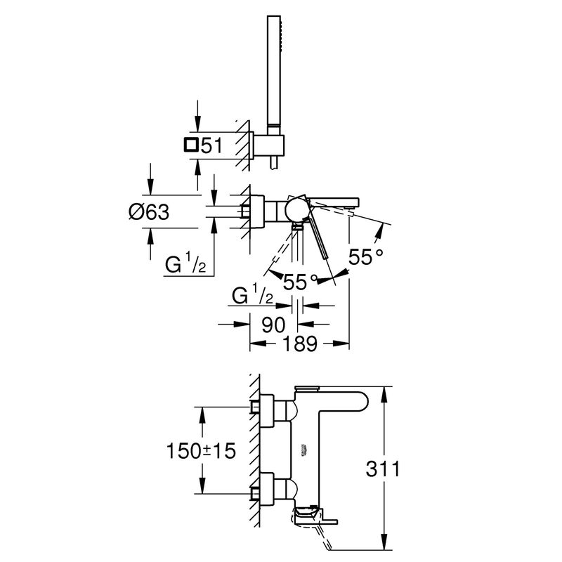Casa si Gradina - Sanitare - Lavoar baie si accesorii - Baterii sanitare - Set baterie cada Grohe 33547003, 1 bar, 66 mm, 1.5 m, 189 mm, 89 mm, 2 orificii instalare, 1 functii para dus, Crom - Infinity.ro
