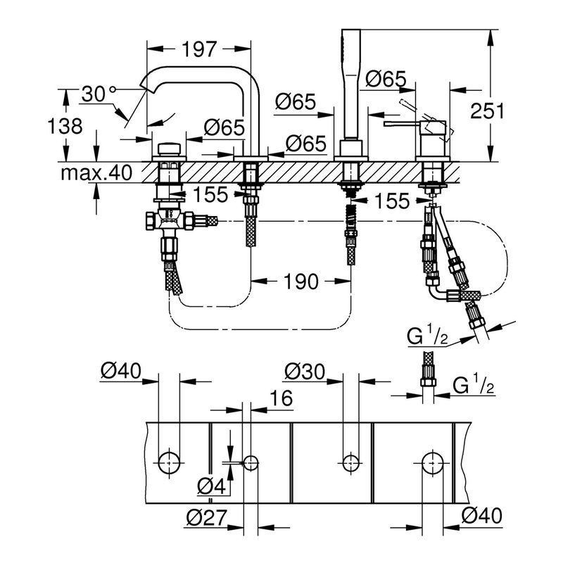 Casa si Gradina - Sanitare - Lavoar baie si accesorii - Baterii sanitare - Baterie cada Grohe 25251001, 1 bar, 28 mm, 2 m, 251 mm, 480 mm, 197 mm, 4 orificii instalare, 1 functii para dus, Crom - Infinity.ro