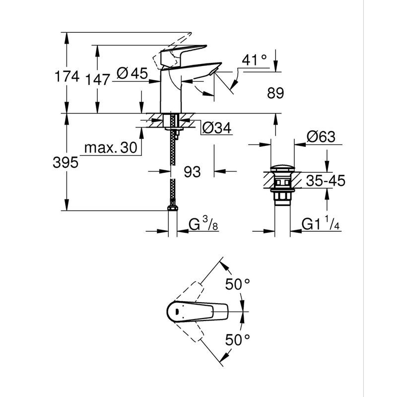 Casa si Gradina - Sanitare - Lavoar baie si accesorii - Baterii sanitare - Baterie lavoar Grohe 238982431, 28 mm, 3.5 l/min, 0.7 bar, 34 mm, 147 mm, 93 mm, 395 mm, 1 orificii instalare, Negru - Infinity.ro