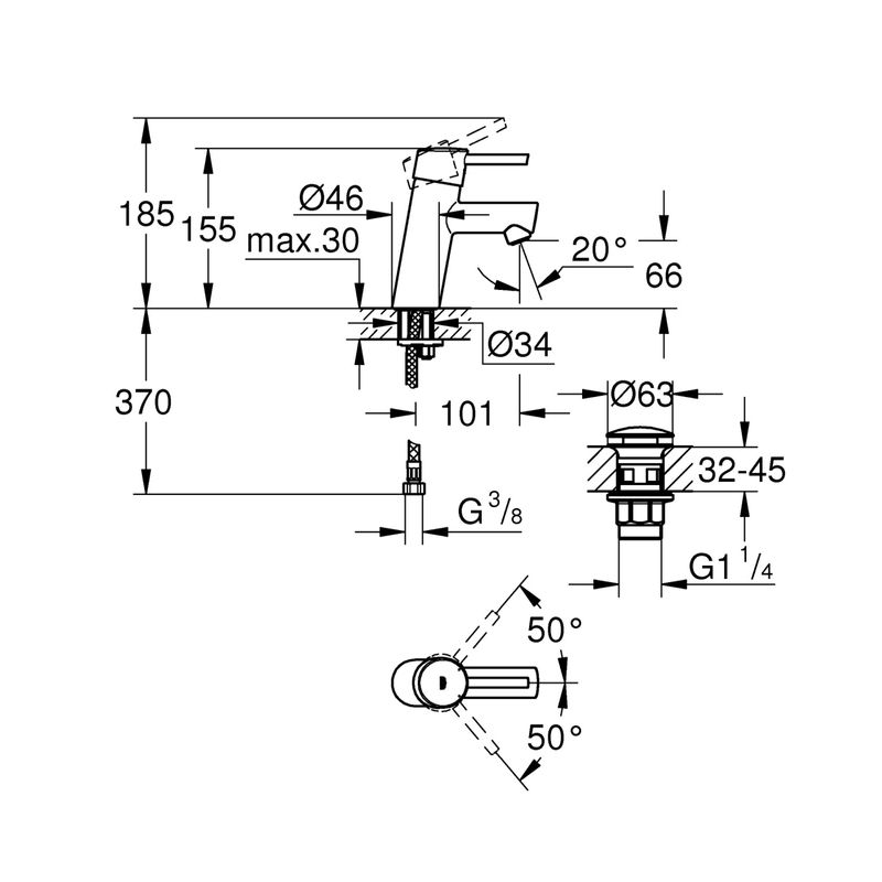 Casa si Gradina - Sanitare - Lavoar baie si accesorii - Baterii sanitare - Baterie lavoar Grohe 23931001, 28 mm, 5.7 l/min, 0.3 bar, 35 mm, 155 mm, 101 mm, 370 mm, 1 orificii instalare, Crom - Infinity.ro