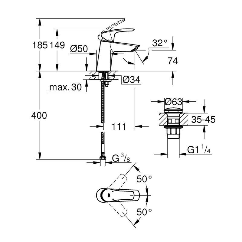Casa si Gradina - Sanitare - Lavoar baie si accesorii - Baterii sanitare - Baterie lavoar Grohe 239682433, 28 mm, 5 l/min, 0.8 bar, 35 mm, 149 mm, 111 mm, 400 mm, 1 orificii instalare, Negru - Infinity.ro
