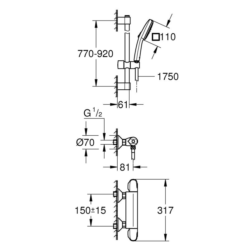 Casa si Gradina - Sanitare - Lavoar baie si accesorii - Baterii sanitare - Baterie dus Grohe 34824005, 0.8 bar, 80 mm, 317 mm, 110 mm, 1.75 m, 900 mm, 2 orificii instalare, Crom - Infinity.ro
