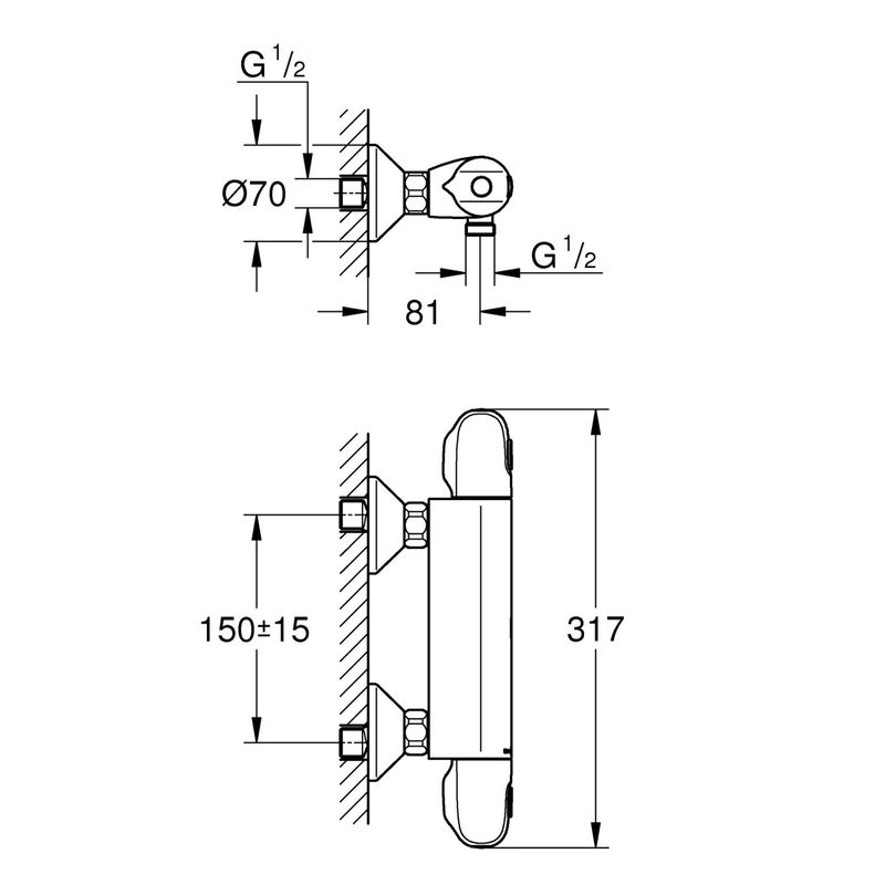 Casa si Gradina - Sanitare - Lavoar baie si accesorii - Baterii sanitare - Baterie dus Grohe 34814003, 0.8 bar, 81 mm, 305 mm, 2 orificii instalare, 1/2 dimensiune racord furtun, Crom - Infinity.ro