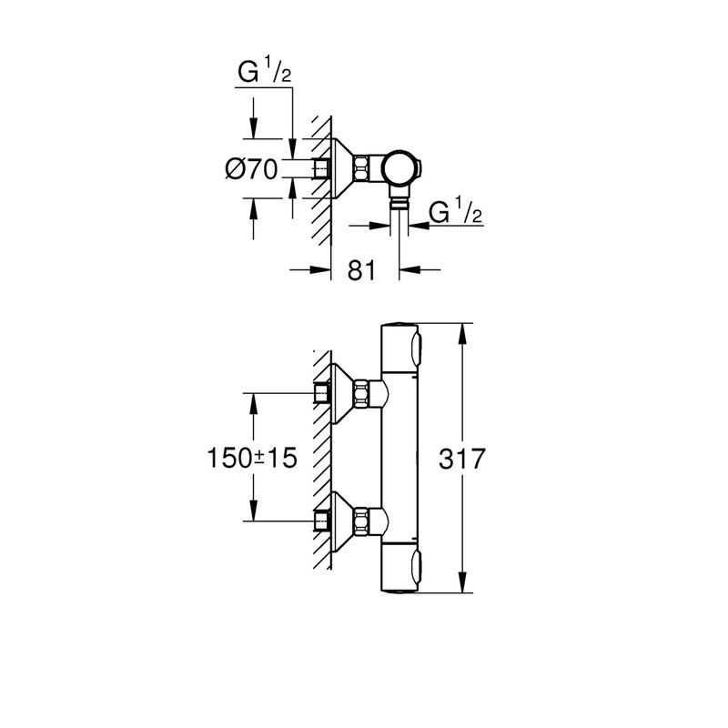Casa si Gradina - Sanitare - Lavoar baie si accesorii - Baterii sanitare - Baterie dus Grohe 34840000, 1 bar, 317 mm, 72 mm, 2 orificii instalare, 1/2 dimensiune racord furtun, Crom - Infinity.ro