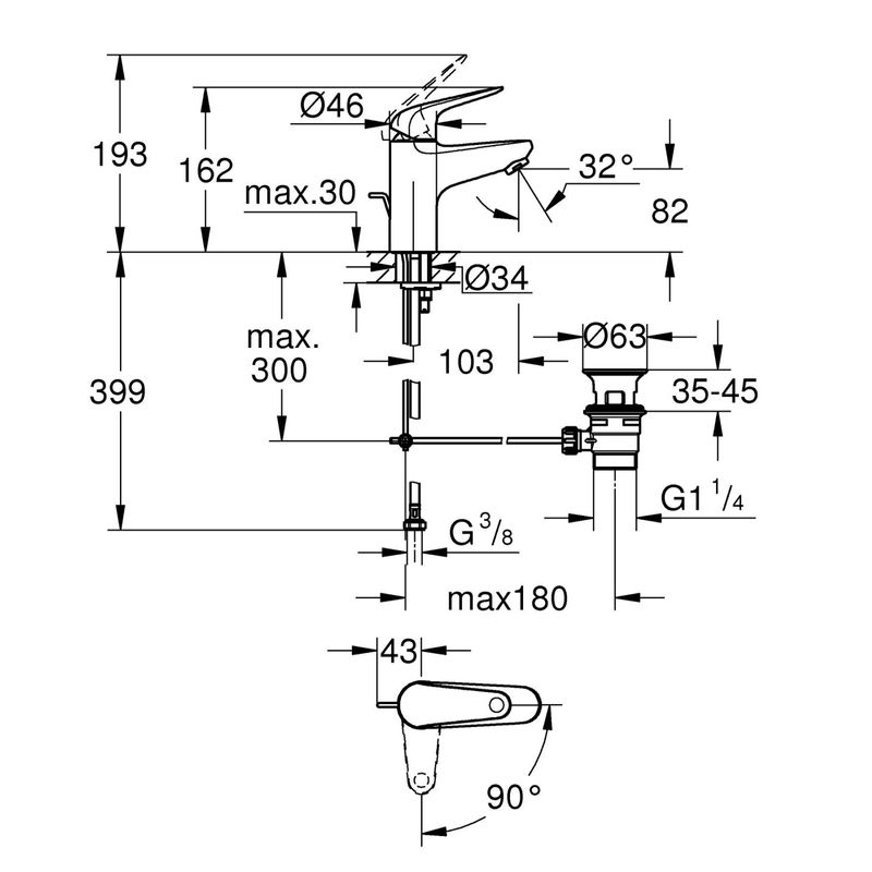 Casa si Gradina - Sanitare - Lavoar baie si accesorii - Baterii sanitare - Baterie lavoar Grohe 24322001, 28 mm, 5 l/min, 0.8 bar, 35 mm, 167 mm, 103 mm, 400 mm, 1 orificii instalare, Crom - Infinity.ro