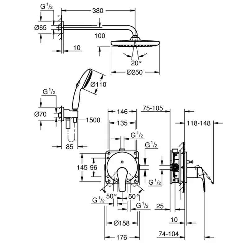 Casa si Gradina - Sanitare - Cazi si cabine de dus - Coloane si seturi de dus - Sistem de dus Grohe 25288000, 250 mm, 1 bar, 110 mm, 1.5 m, 135 mm, 380 mm, 1 functii palarie dus, Crom - Infinity.ro