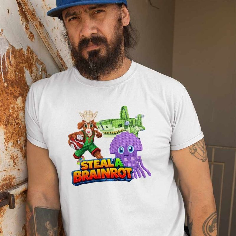 Fashion, accesorii si bijuterii - Barbati - Imbracaminte - Tricouri si bluze barbati - Tricou Barbati Steal a Brainrot Graipuss Roblox Meme, alb, marime S - Infinity.ro