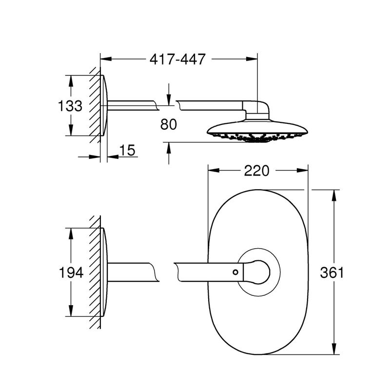 Casa si Gradina - Sanitare - Cazi si cabine de dus - Coloane si seturi de dus - Dus fix Grohe 26254000, 360 mm, 1 bar, 220 mm, 361 mm, 447 mm, 2 pulverizari, 26264001 cod valva incastrata, Crom - Infinity.ro