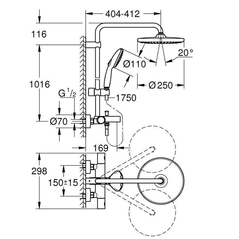 Casa si Gradina - Sanitare - Cazi si cabine de dus - Coloane si seturi de dus - Sistem de dus Grohe 26978001, 250 mm, 1 bar, 110 mm, 1.75 m, 1132 mm, 412 mm, 1 functii palarie dus, Crom - Infinity.ro