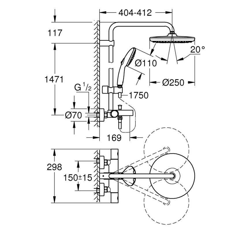 Casa si Gradina - Sanitare - Cazi si cabine de dus - Coloane si seturi de dus - Sistem de dus Grohe 26672001, 250 mm, 1 bar, 110 mm, 1.75 m, 1588 mm, 412 mm, 1 functii palarie dus, Crom - Infinity.ro
